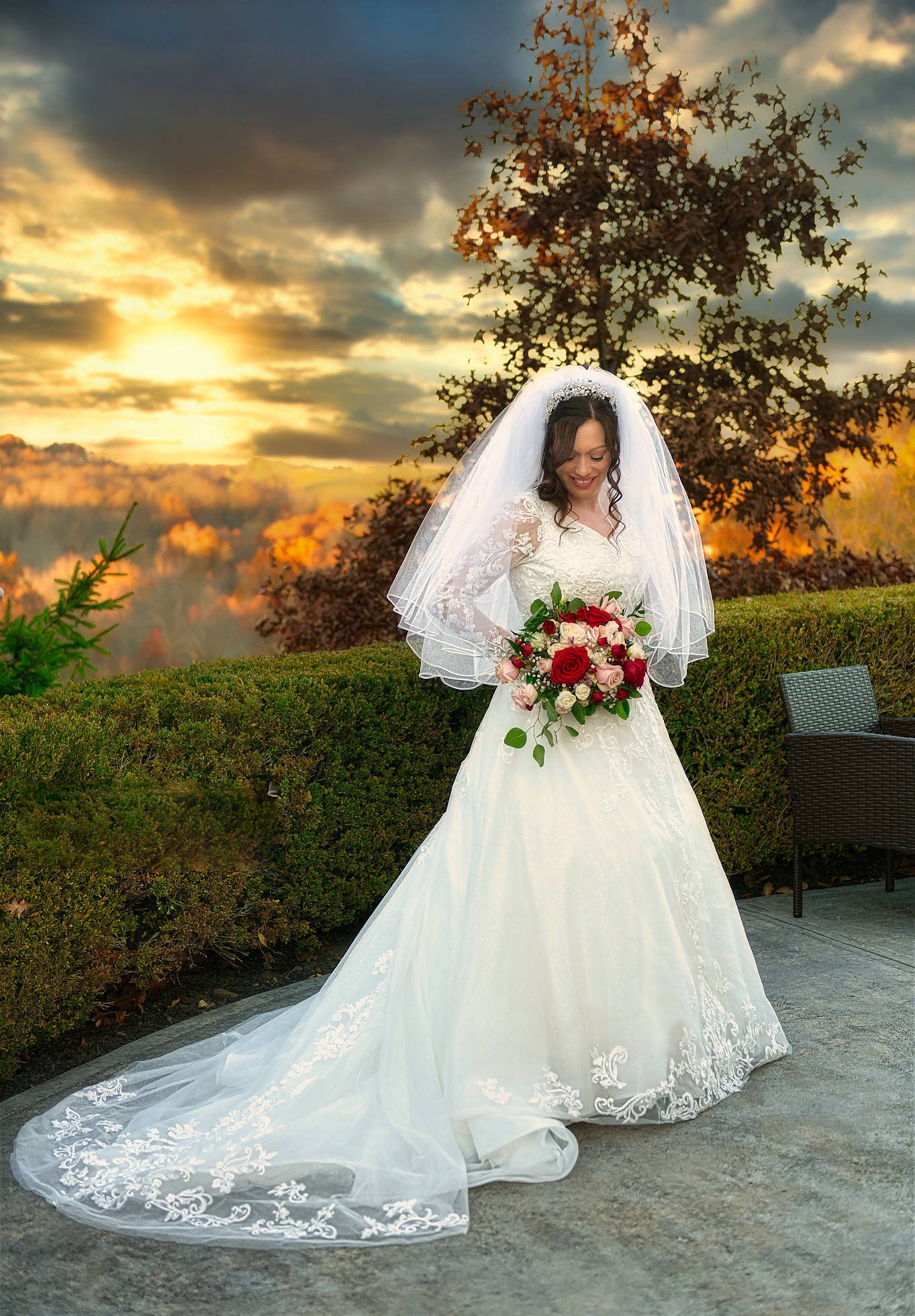 Bride at Greystone Fields — autumn sunset portrait